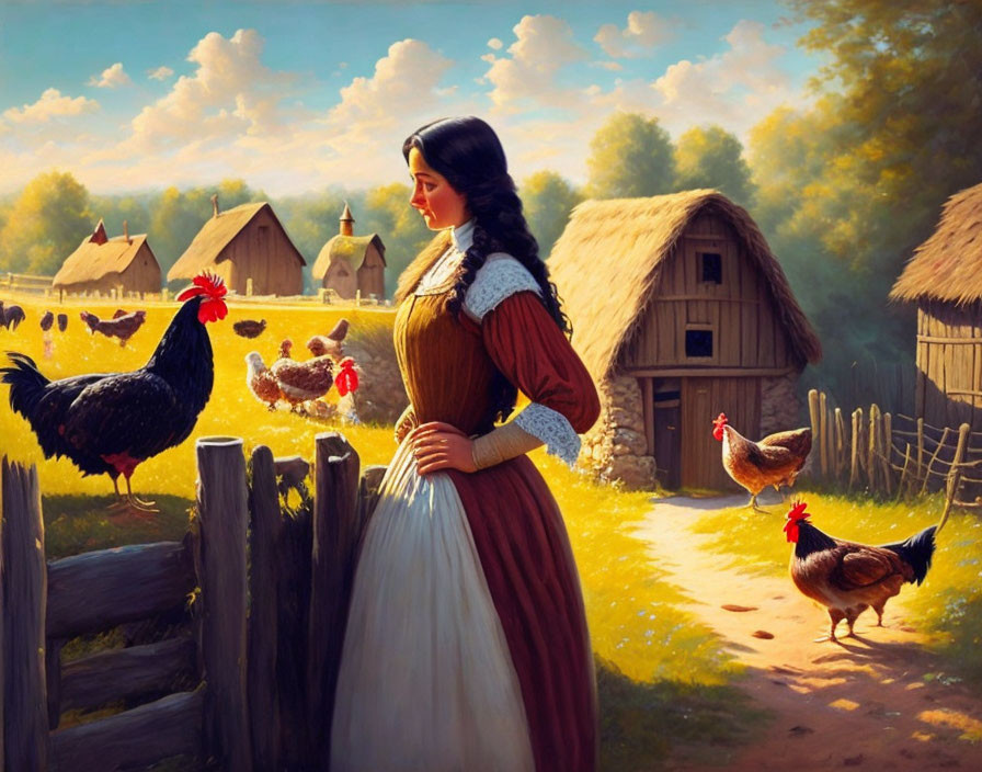 Historical woman in farmyard with chickens and cottages