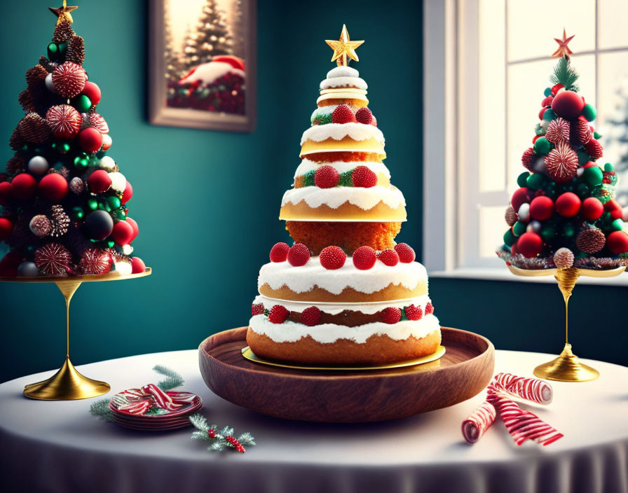 Three-tiered Christmas cake with tree decoration and candy canes on wooden table