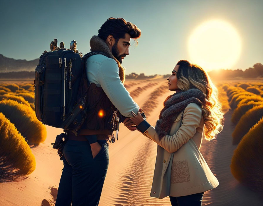 Couple holding hands in desert sunset with stylish outfits