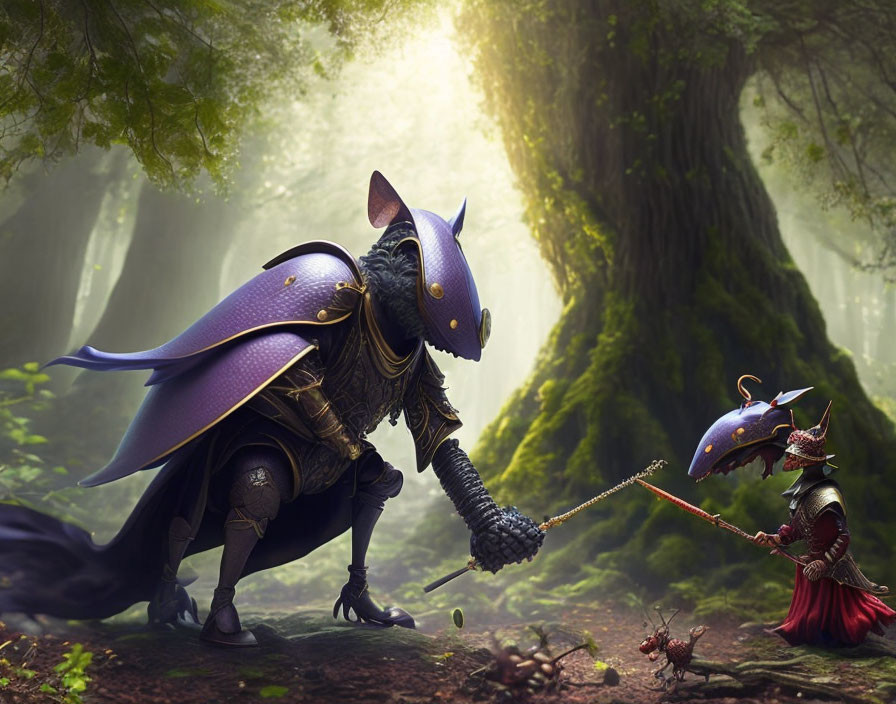 Armored anthropomorphic mice in mystical forest scene