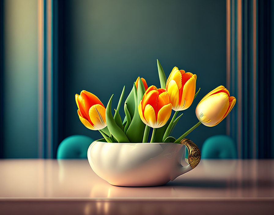 White vase with orange tulips on reflective table, teal striped wall, tiny snail.