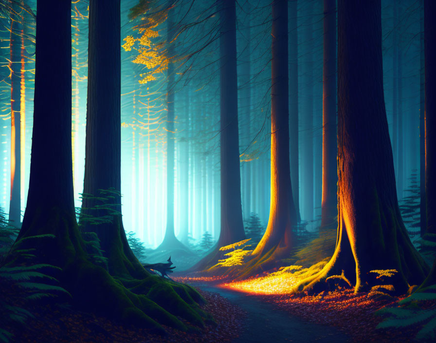 Enchanting forest landscape with tall trees and glowing light