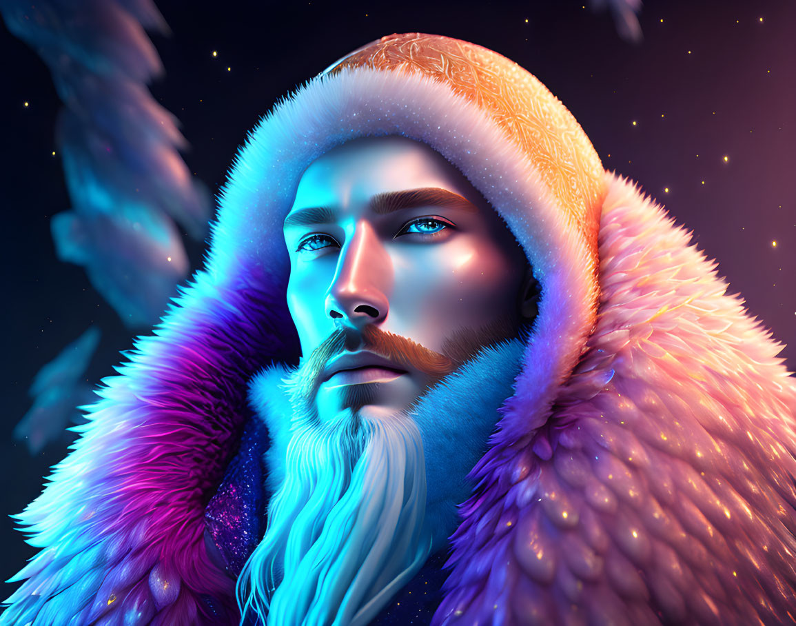 Colorful Cosmic Setting with Man in Fur-Lined Hood