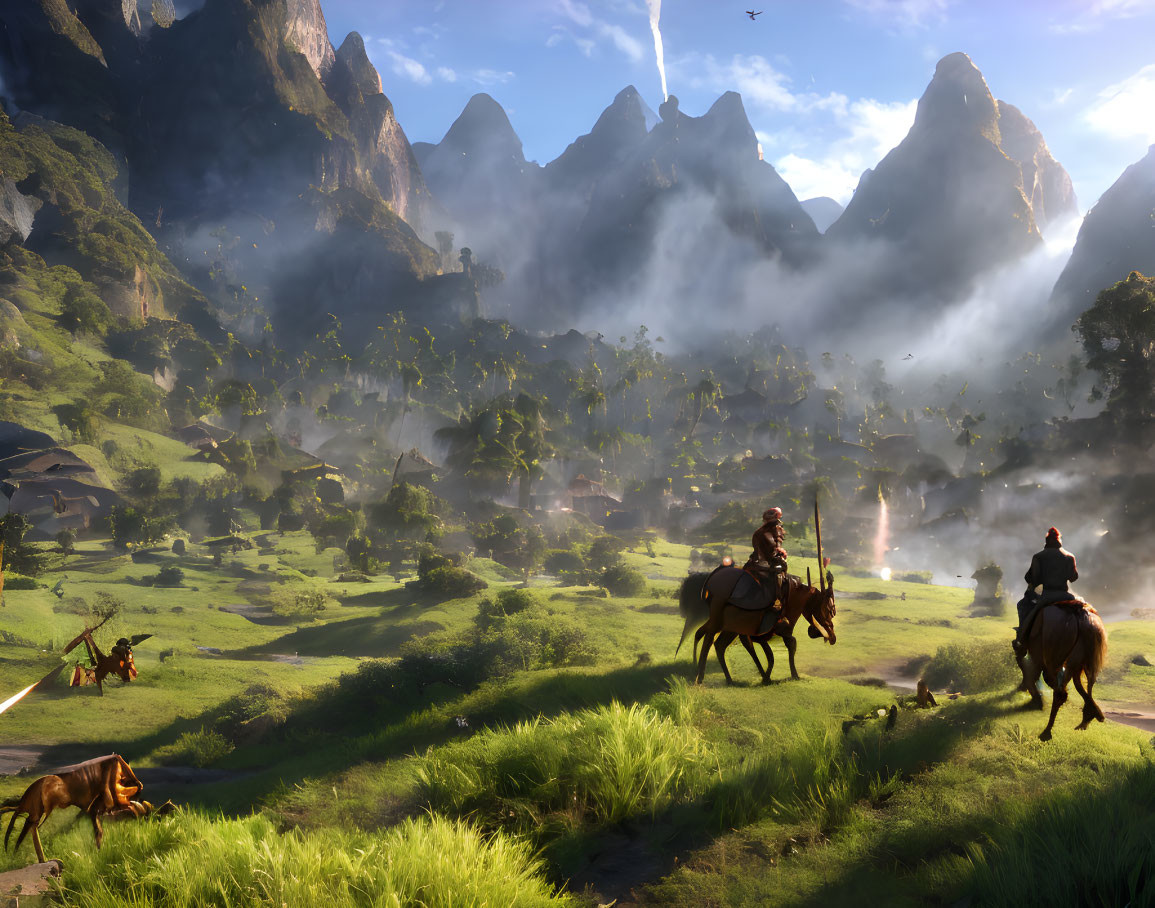 Fantasy landscape with riders, animals, lush valley, mountains, misty ambiance