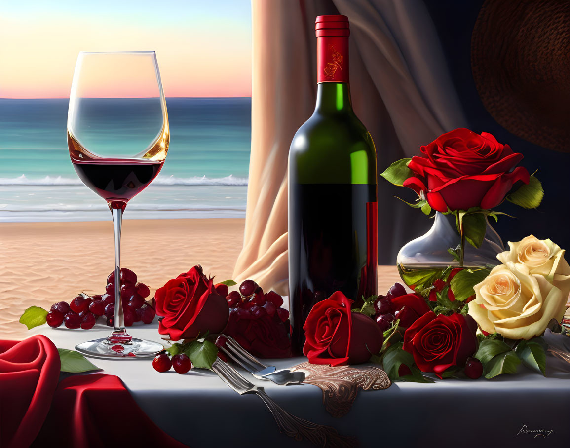 Romantic Sunset Ocean View Table Setting with Wine, Roses, and Grapes
