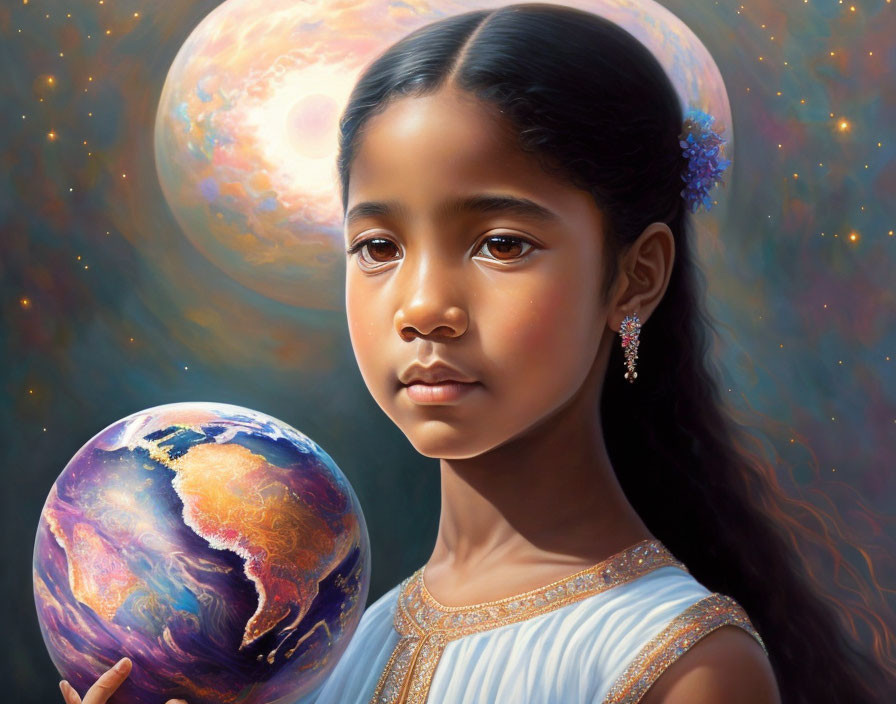Dark-haired girl holds globe with cosmic backdrop, featuring planet, stars, and nebulae.