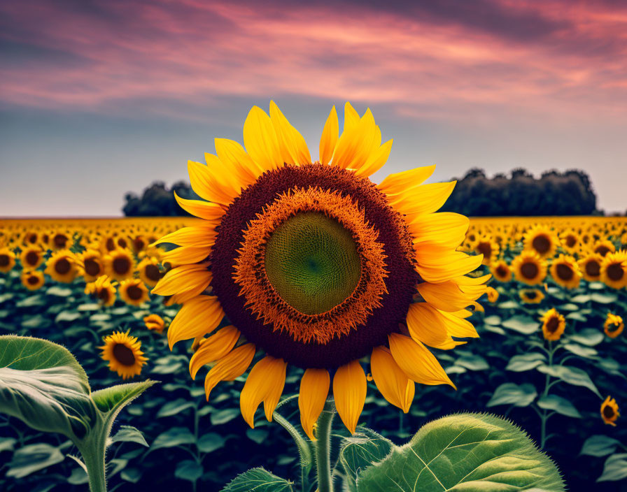 Vibrant sunflower in field with dramatic sunset sky