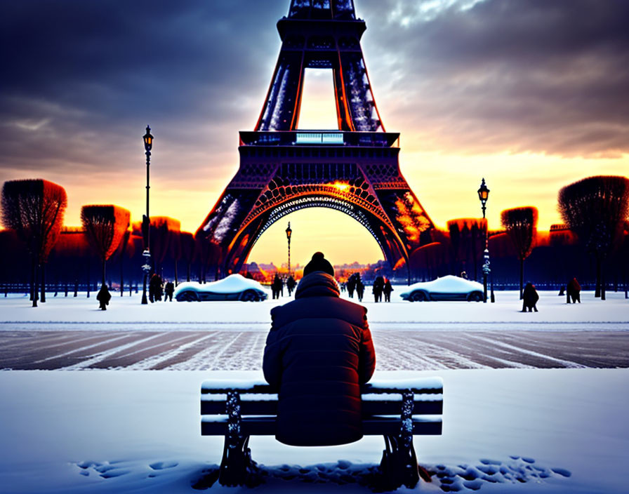 Person admires Eiffel Tower at winter sunset with snow and silhouettes.