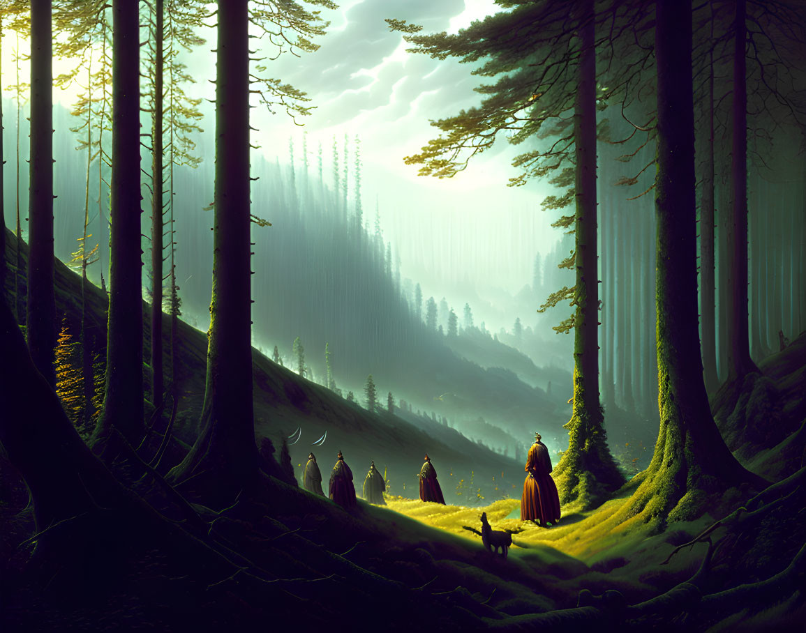 Robed figures and a dog in mystical forest with sunlight and foggy hills