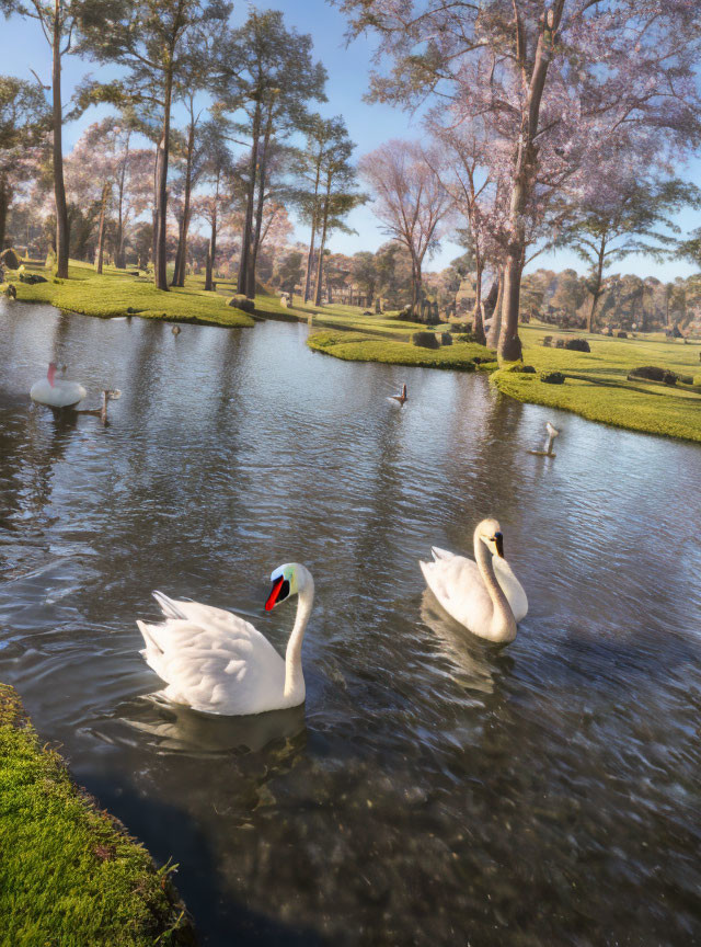 Swans on serene pond with tall trees and lush green lawn