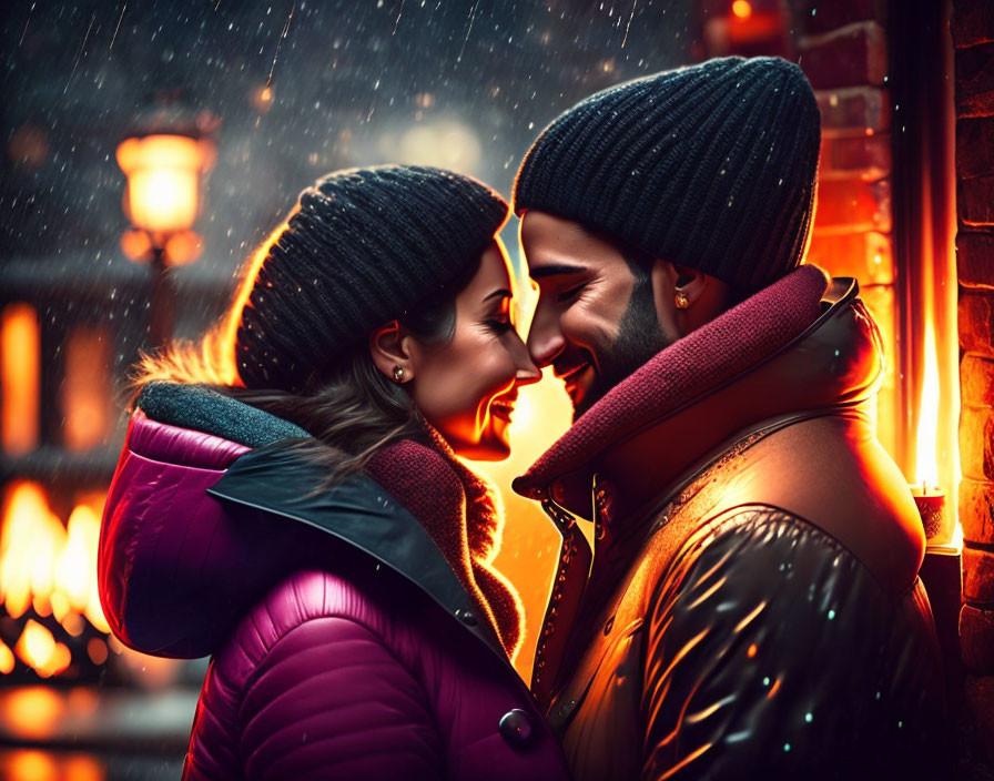 Couple in Winter Attire Smiling Under Snowfall