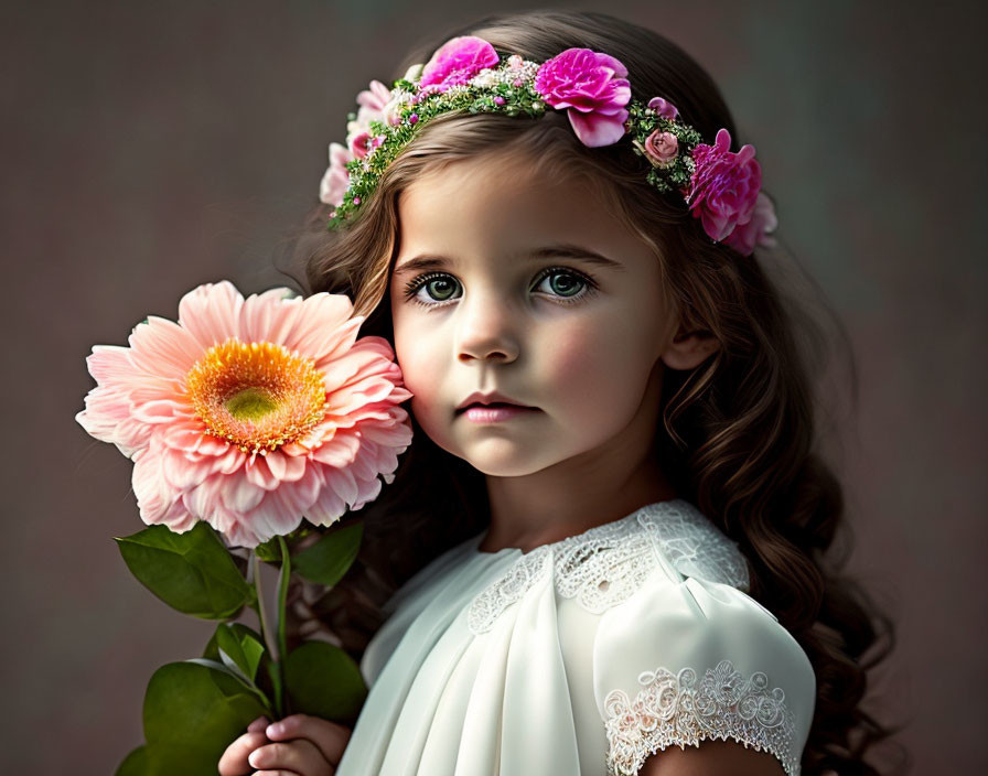 Young girl with floral headband holding pink gerbera daisy exudes innocence