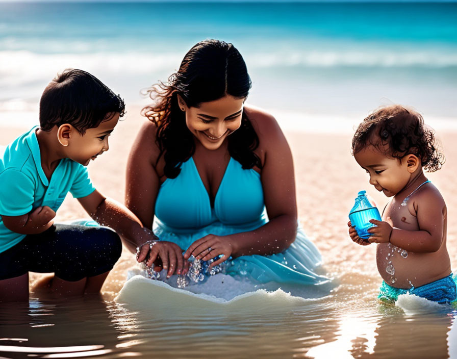 Woman and children playing by the seashore with blue toy under sun.