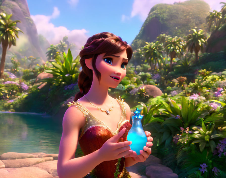 Animated character in lush landscape holding glowing blue object