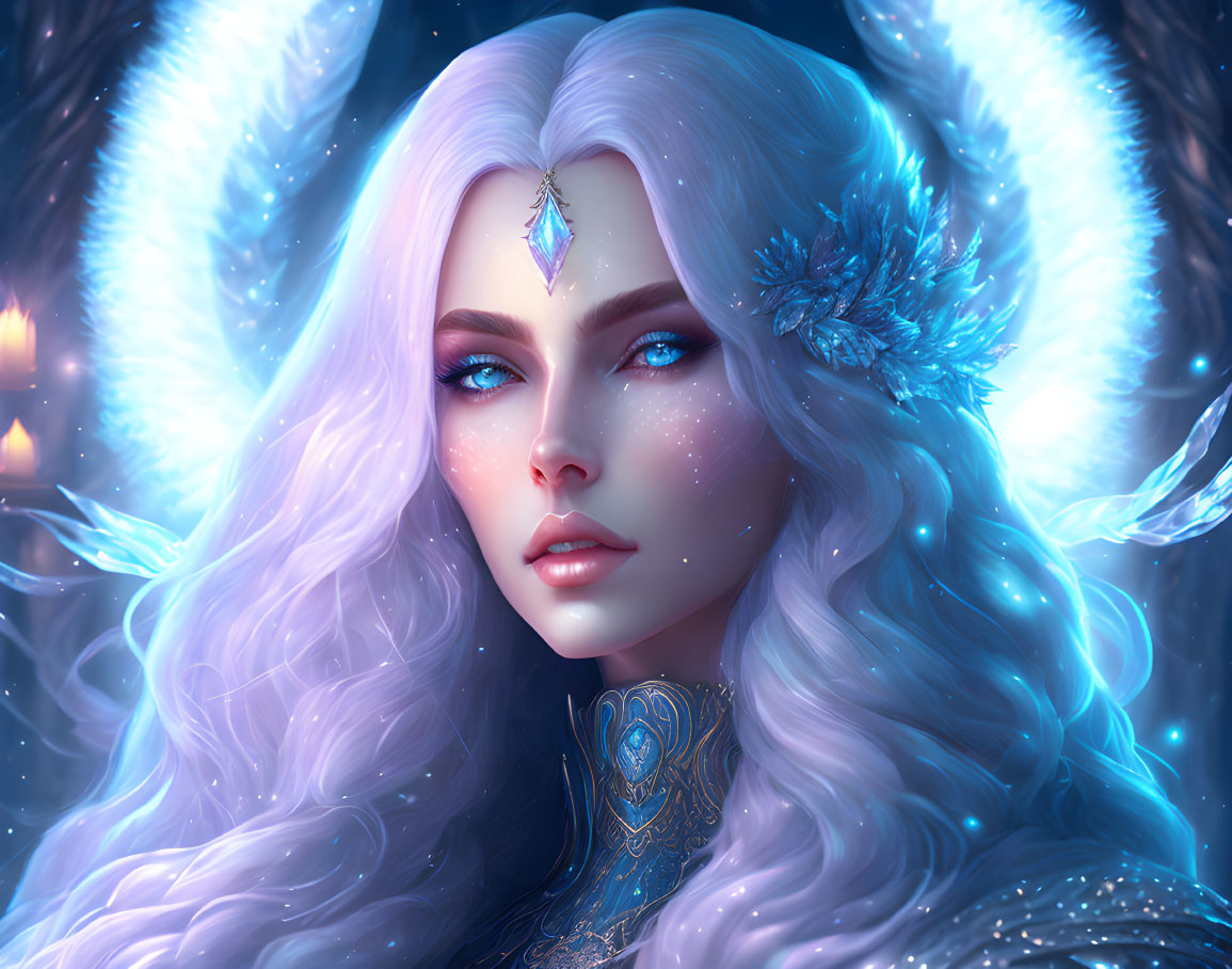 Ethereal female figure with luminescent wings and icy blue hair