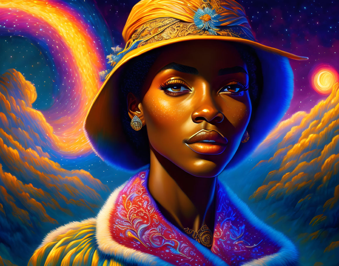 Vibrant portrait of woman with golden headwear in surreal sky