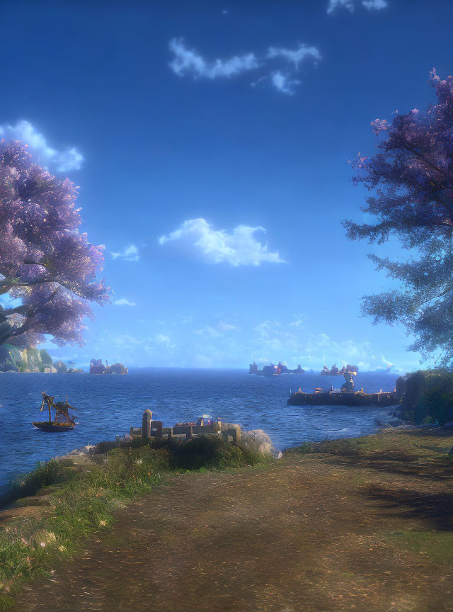 Tranquil coastal scene with cherry blossoms, dock, and ships