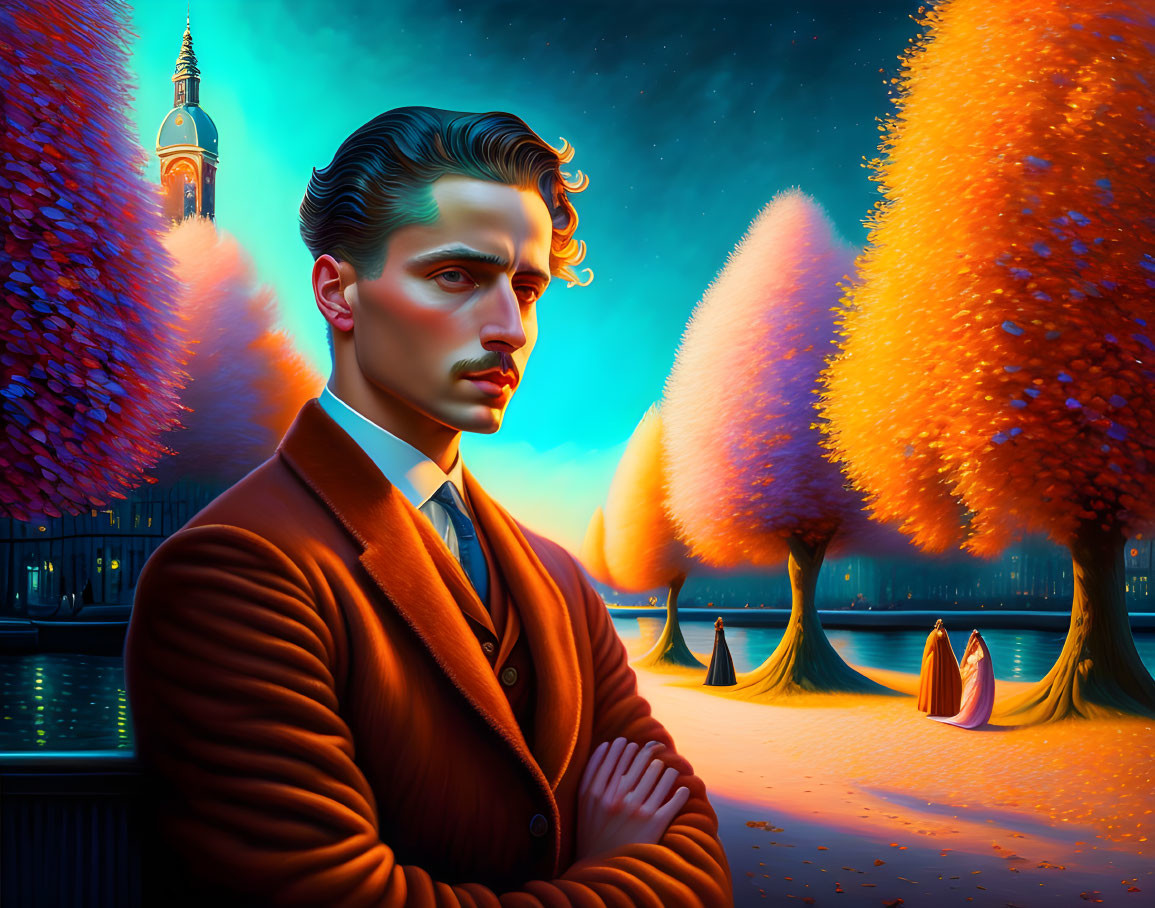 Man in suit with mustache by orange trees & tower in stylized portrait