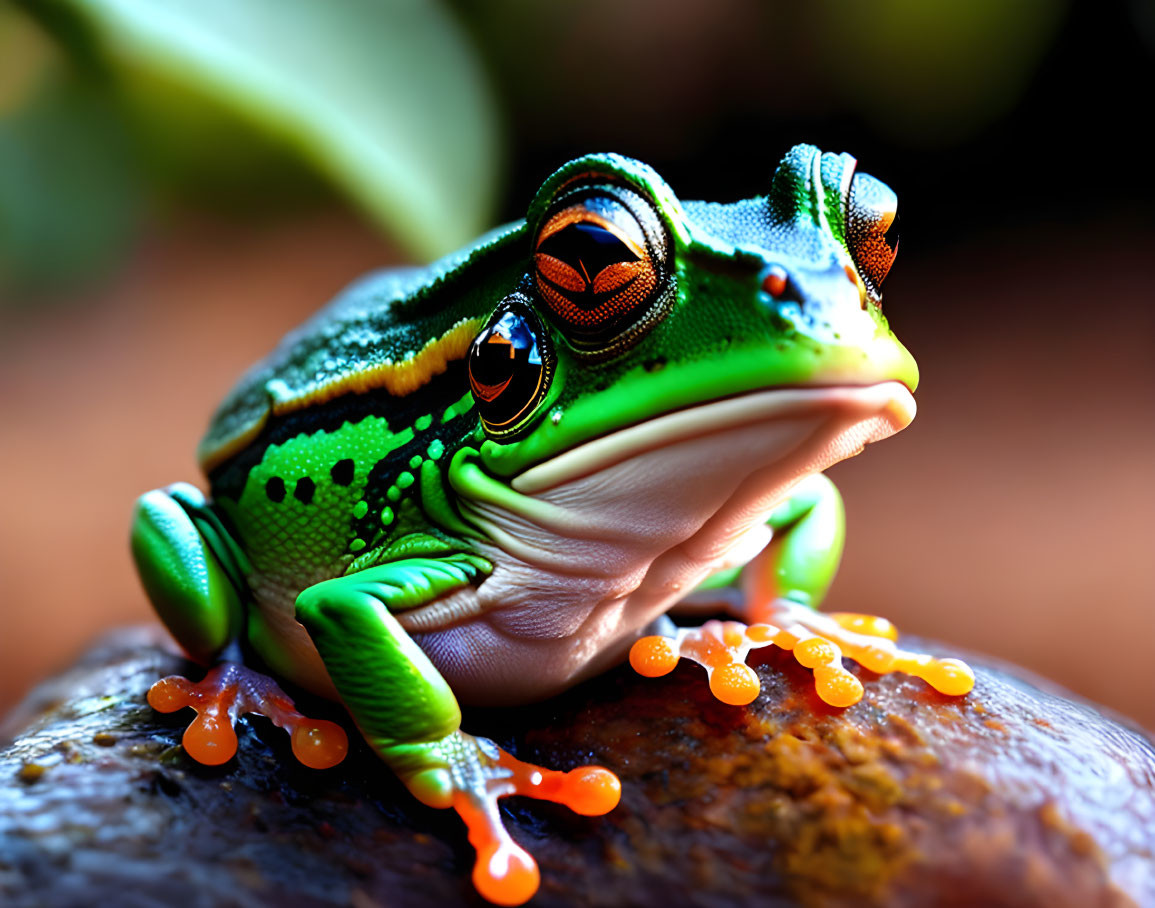Colorful Frog with Orange Eyes and Green Skin on Brown Surface