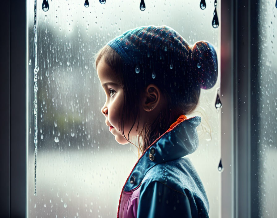 Child in beanie gazes out raindrop-covered window