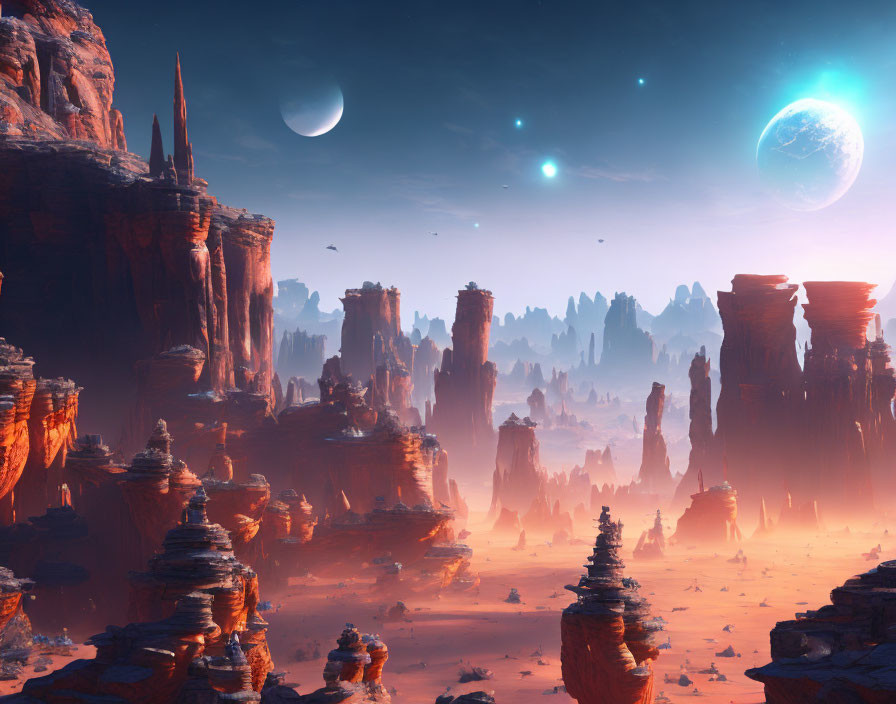Surreal alien landscape with towering rock formations and multiple celestial bodies