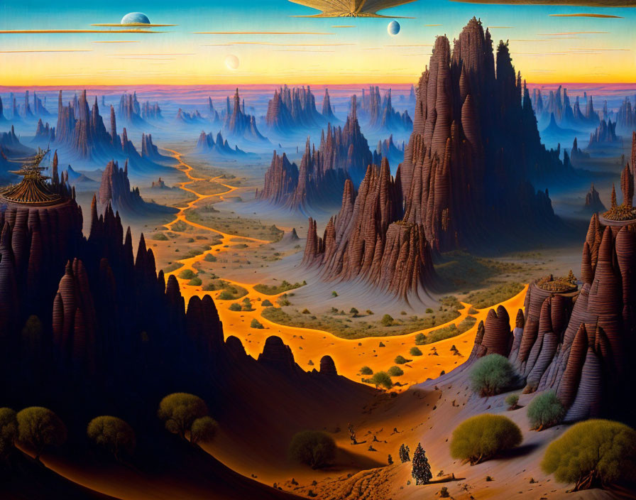 Surreal desert landscape with towering spire-like formations and multiple suns setting in orange sky