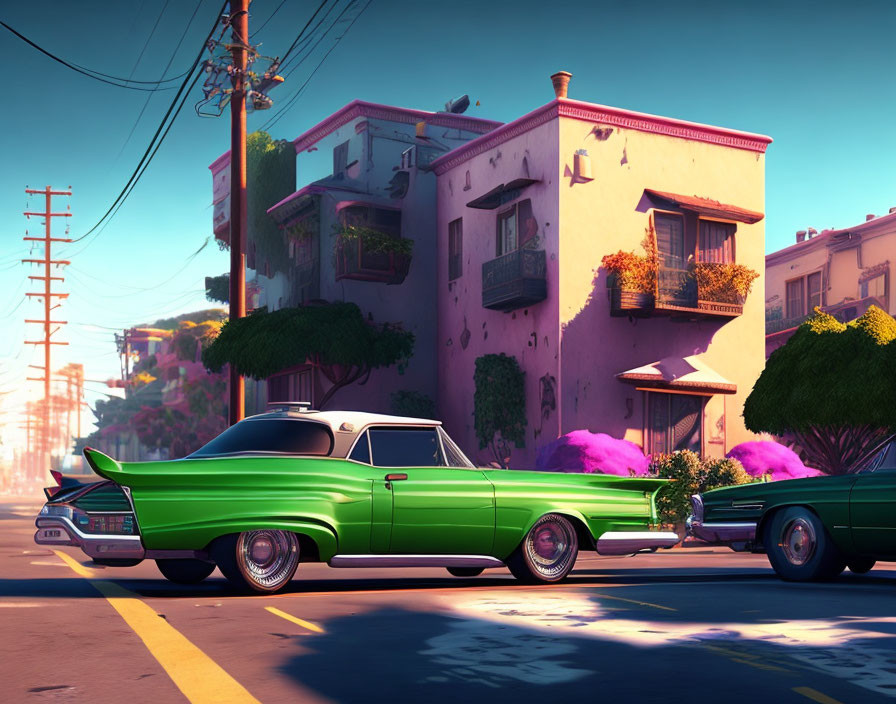 Colorful illustration: Green car parked by pink building on sunny street