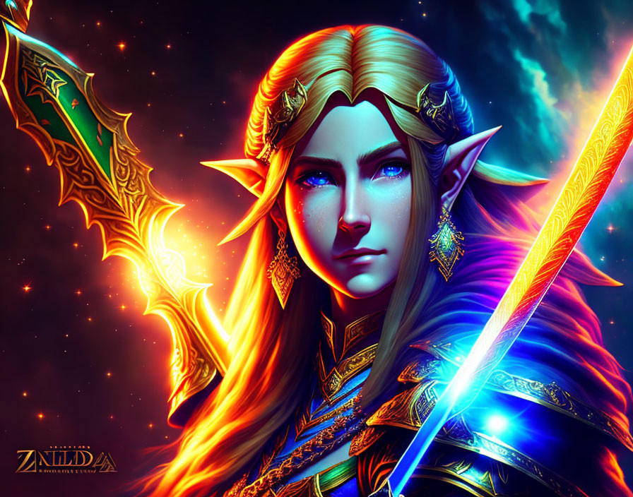 Fantasy illustration: Elf with glowing sword in cosmic setting