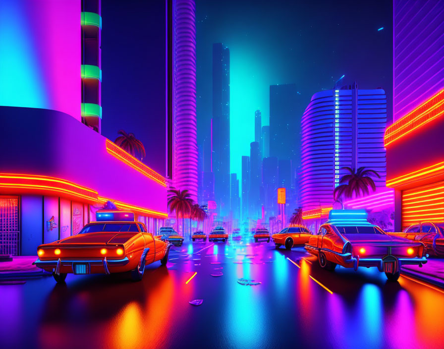 Futuristic neon-lit cityscape with retro cars on wet street at dusk