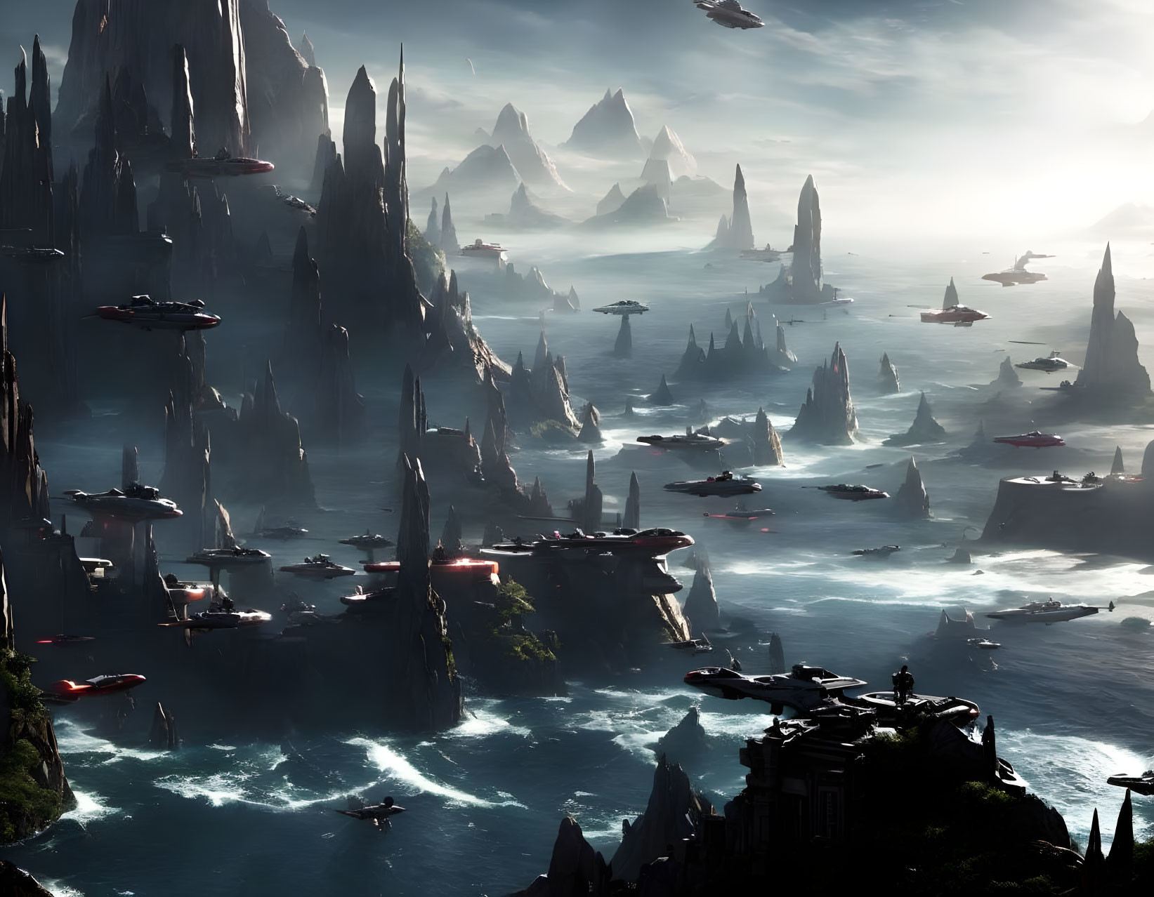 Futuristic flying vehicles over misty ocean with rocky spires on cliff edges