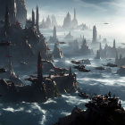 Futuristic flying vehicles over misty ocean with rocky spires on cliff edges