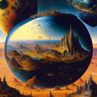 Surreal landscape with floating castles, sky ships, and giant planets