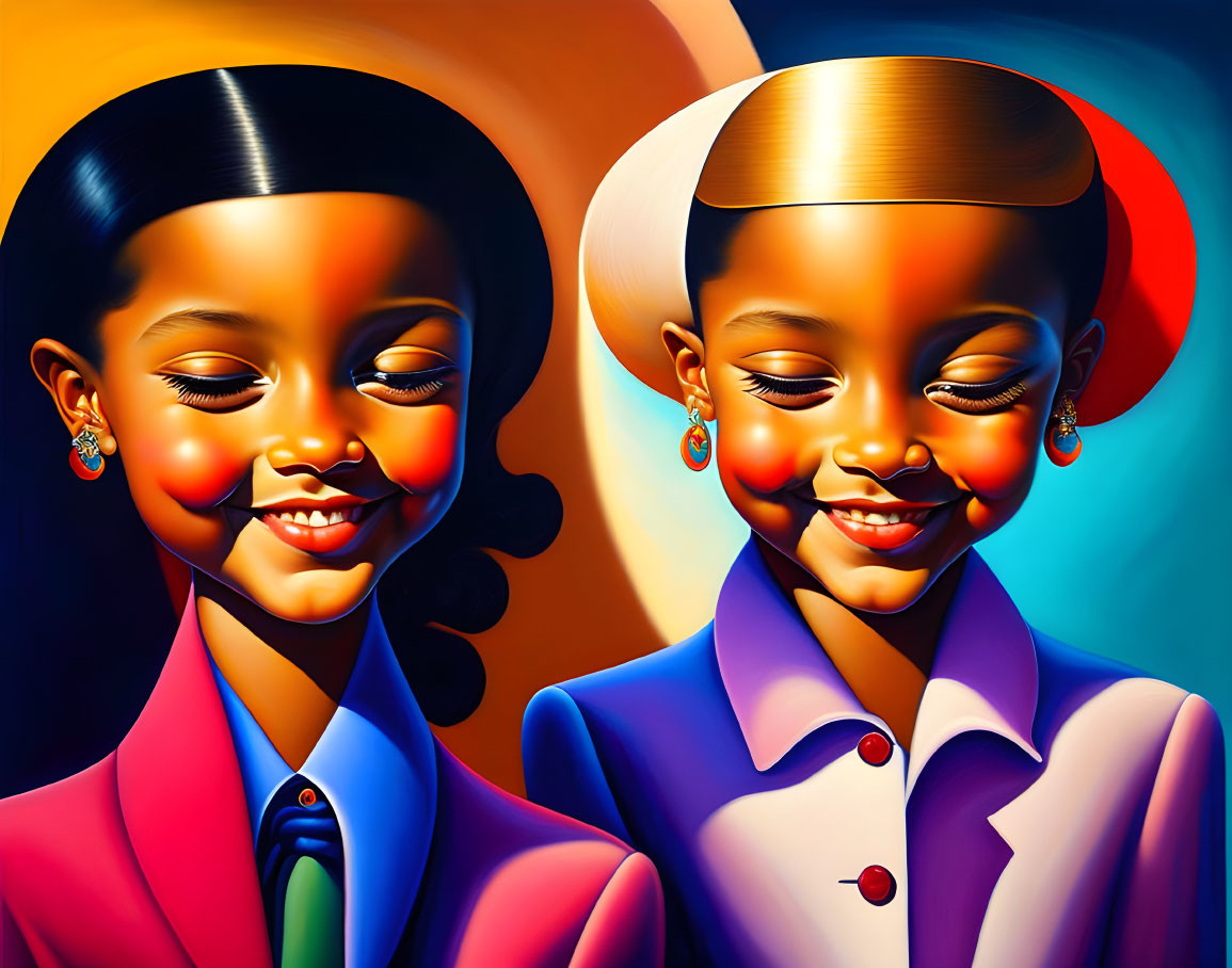 Stylized characters with exaggerated smiles in vibrant attire on abstract background