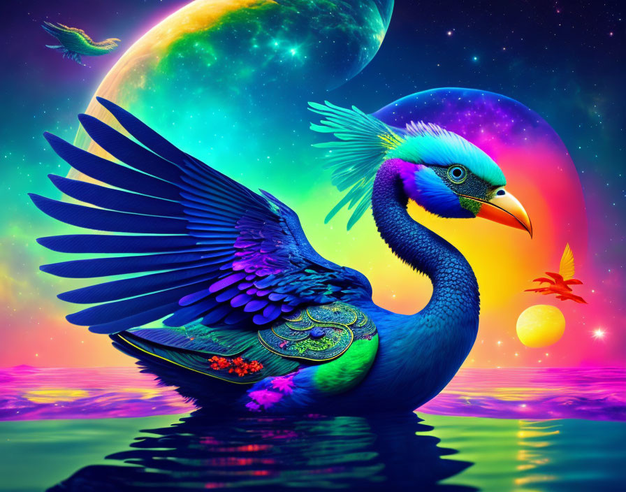 Colorful digital artwork: stylized peacock soaring over neon ocean with moon and planets.