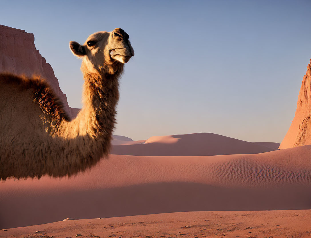Whimsical camel against desert dunes at golden hour