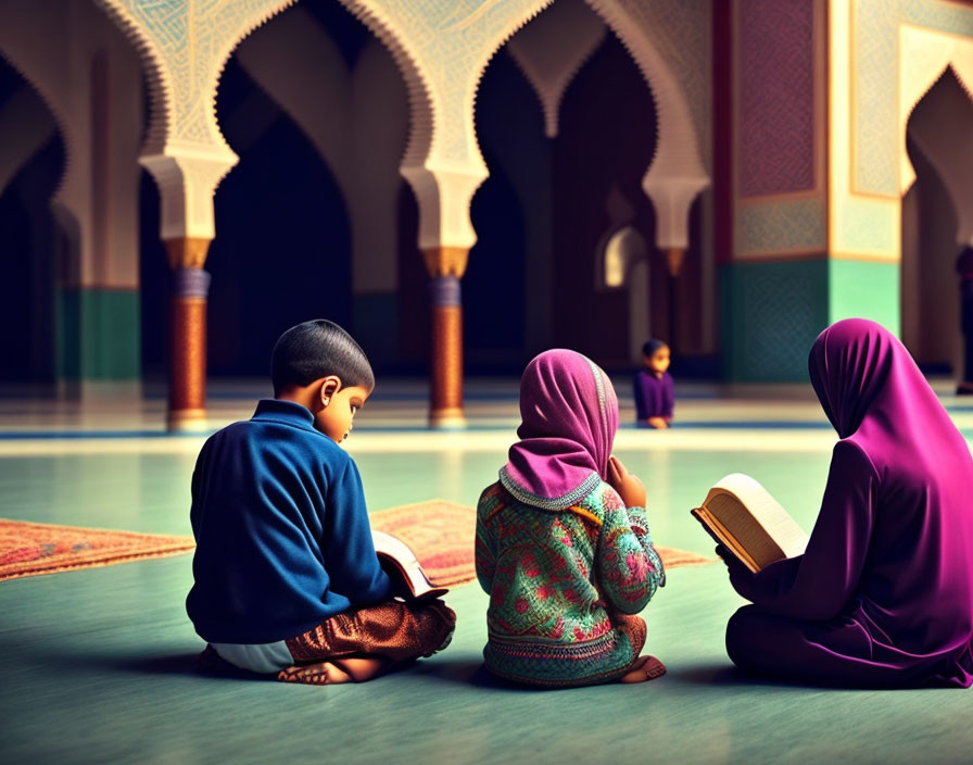 Children studying in mosque with colorful arches
