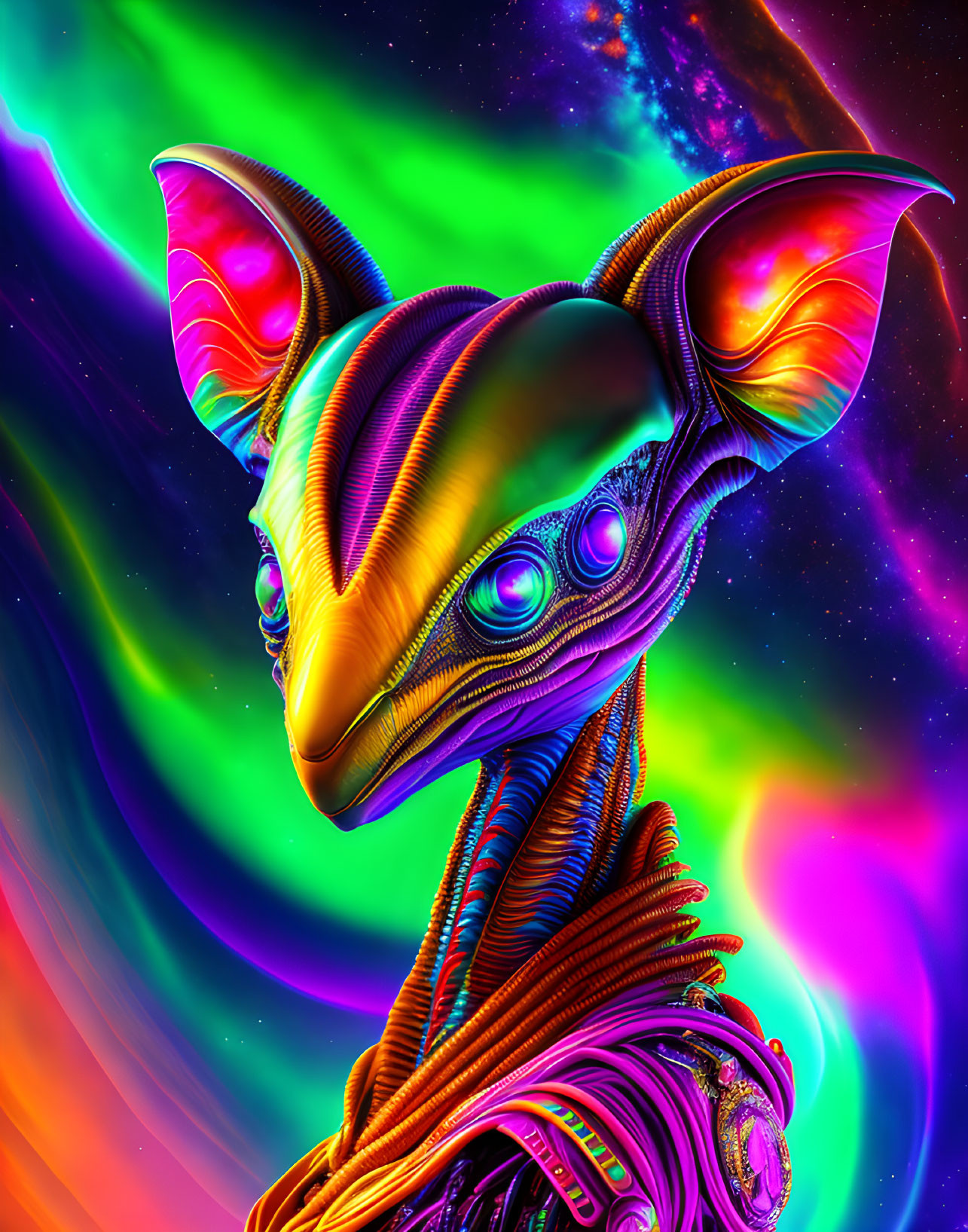 Colorful digital artwork of an alien creature in a psychedelic nebula.