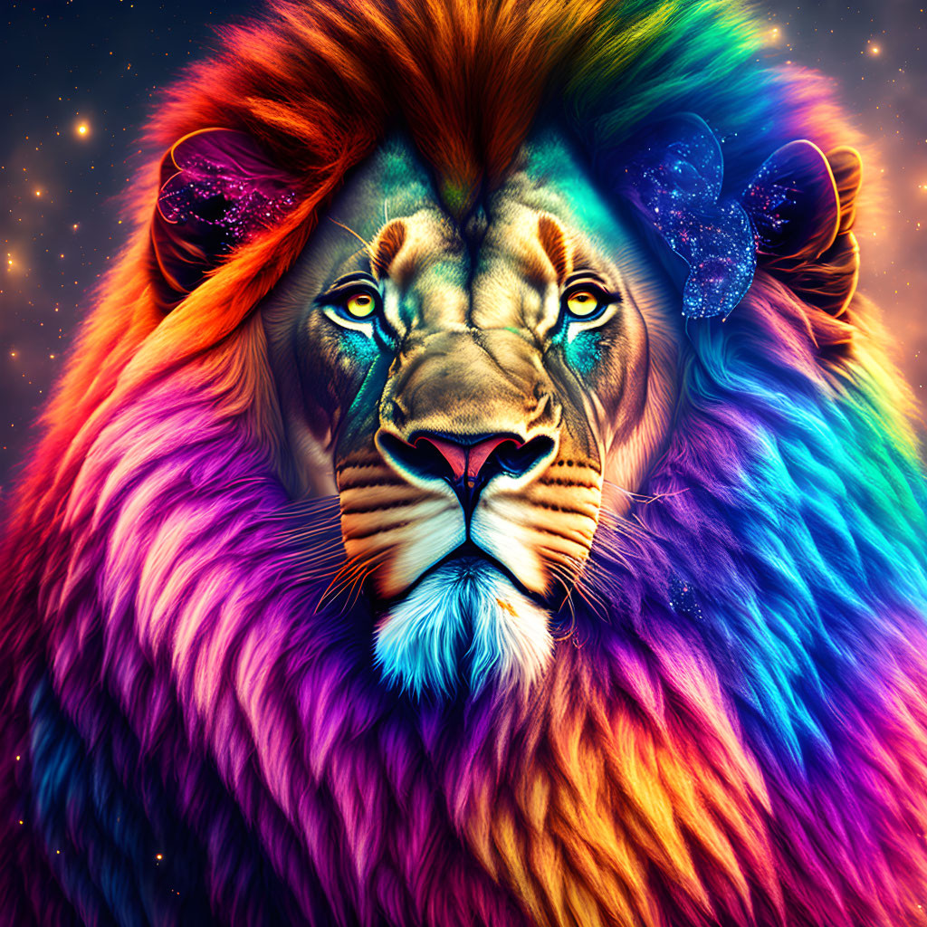 Colorful Lion Digital Art Against Cosmic Background