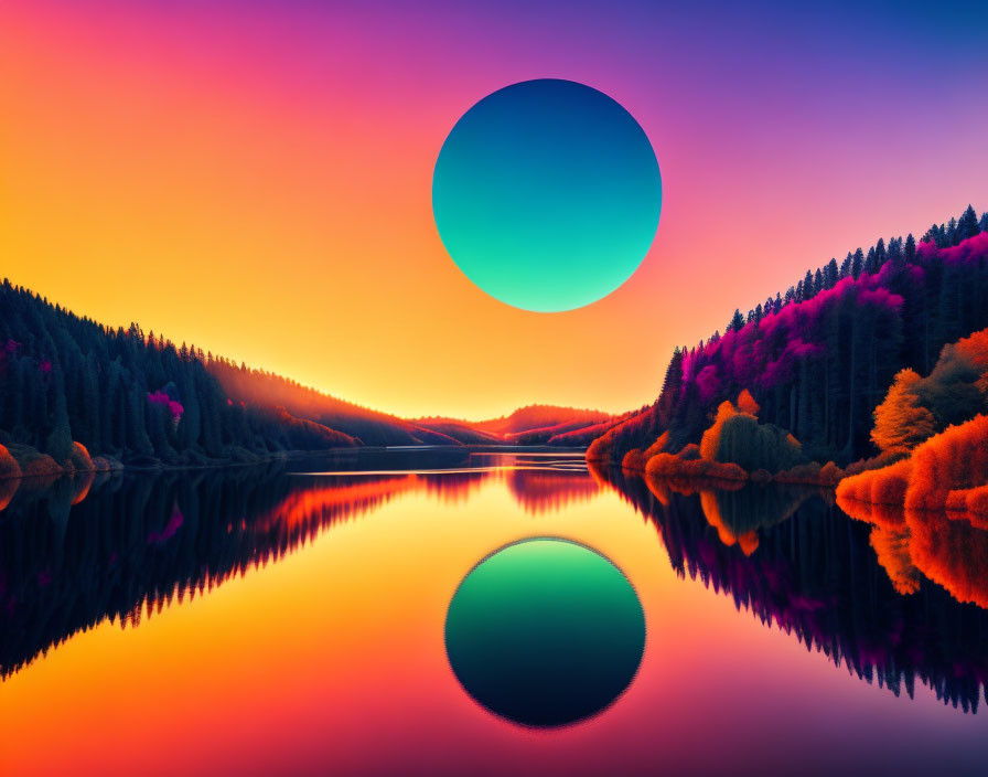 Colorful sunset over forest-lined lake with surreal blue and pink circle.