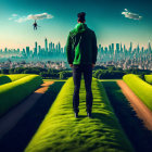 Man in Green Jacket Gazes at Futuristic Cityscape