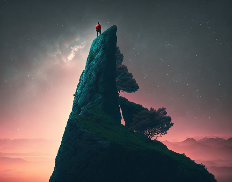 Solitary figure on cliff under starry sky and tree, mountain horizon view