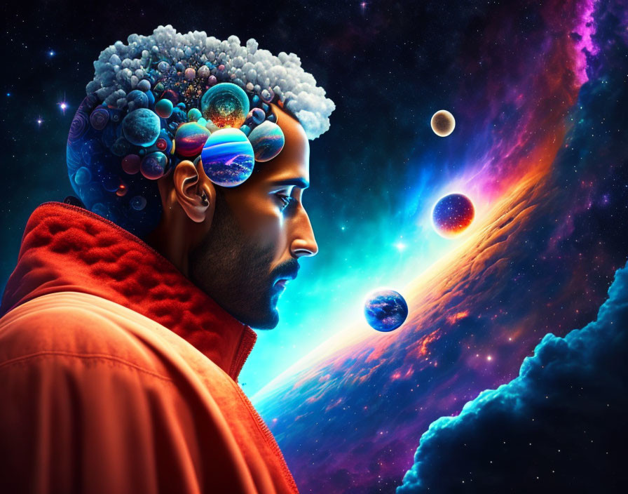 Man with Cosmic Afro Contemplating Nebula