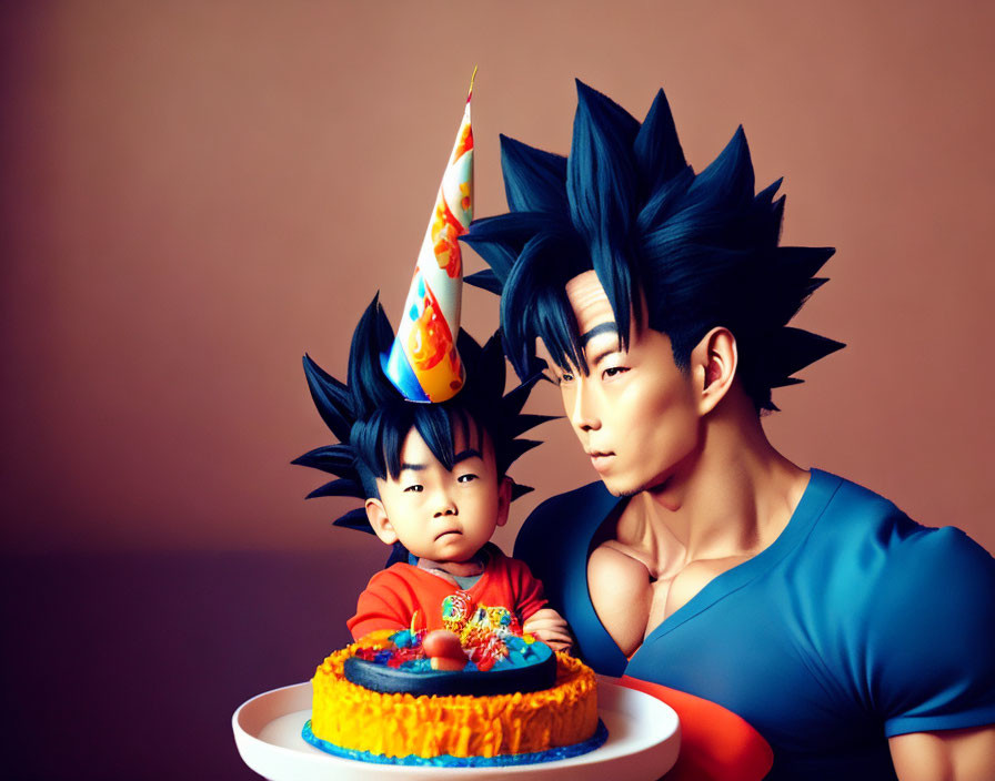 Child and adult in Goku costumes with Dragon Ball Z themed birthday cake.