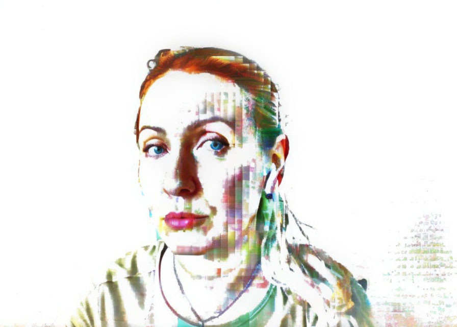 Red-Haired Woman with Glitch Effects on Light Skin