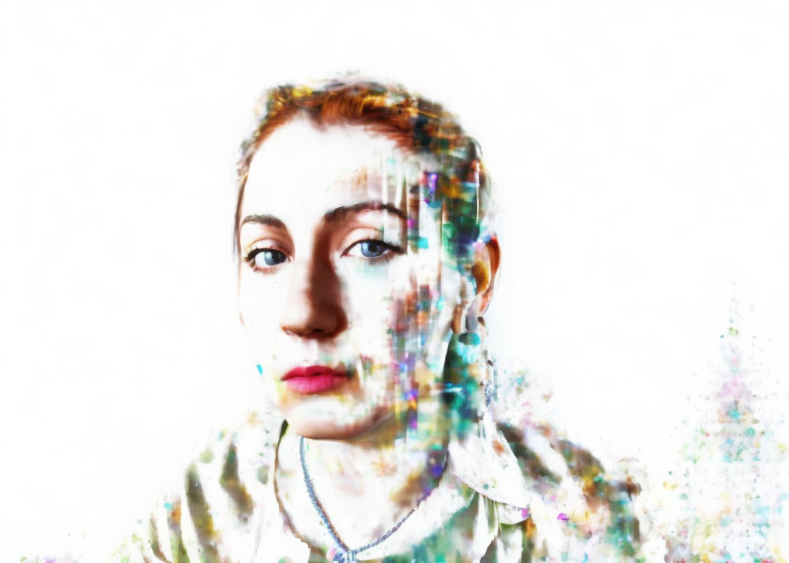 Colorful digital glitch effects on woman's portrait in high-key style