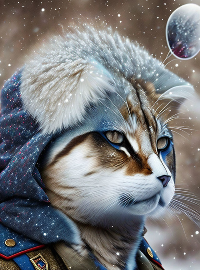 Blue-eyed cat in snow-dusted cloak gazes with bubble