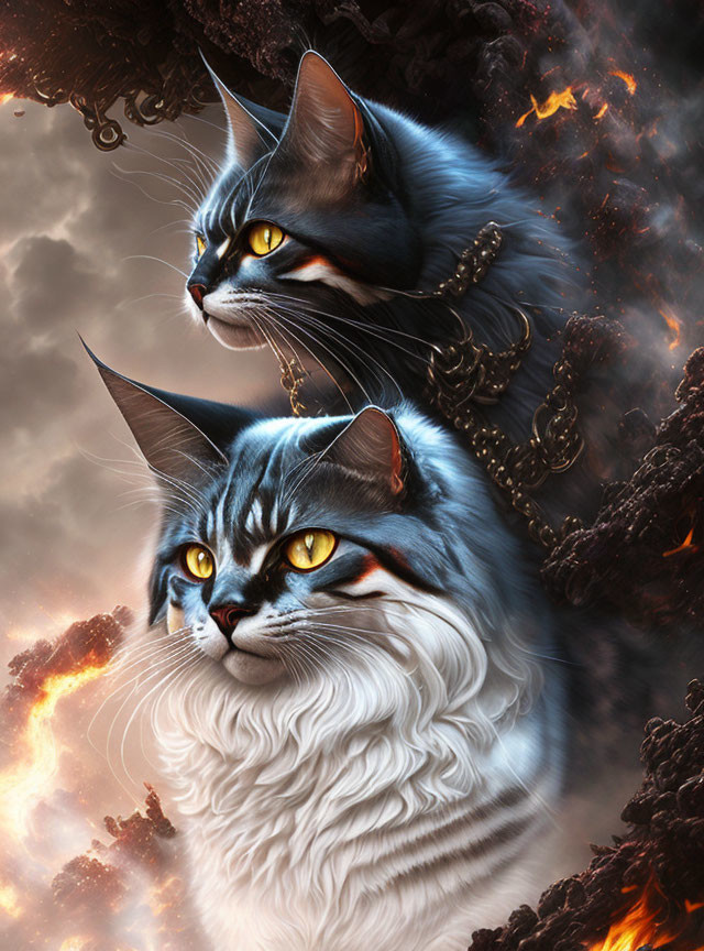 Majestic cats with amber eyes on dramatic fiery background