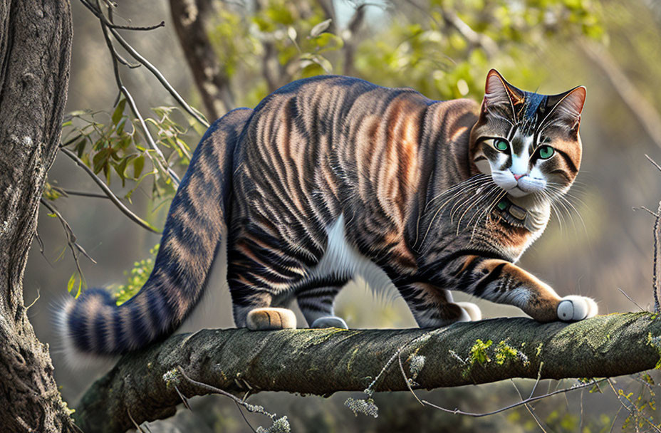 Striped cat with green eyes on tree branch in dappled sunlight
