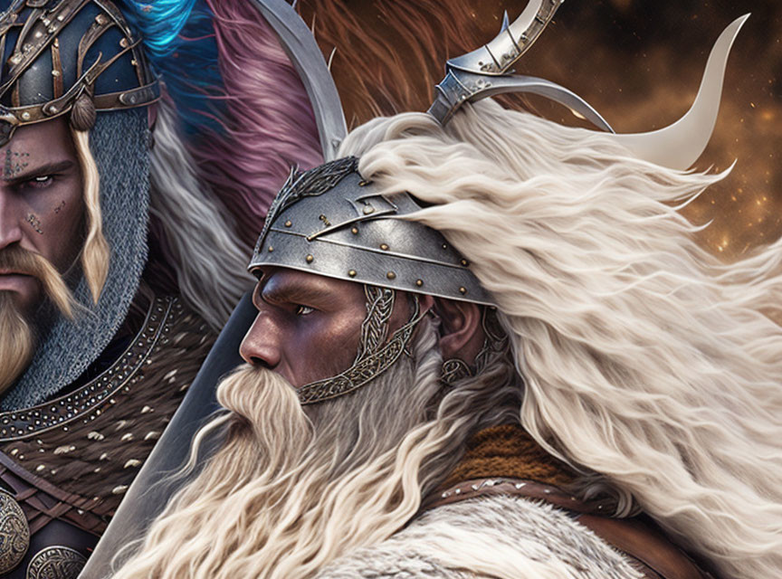 Two Viking warriors in horned helmets and detailed armor, one with white beard and cloak, looking left