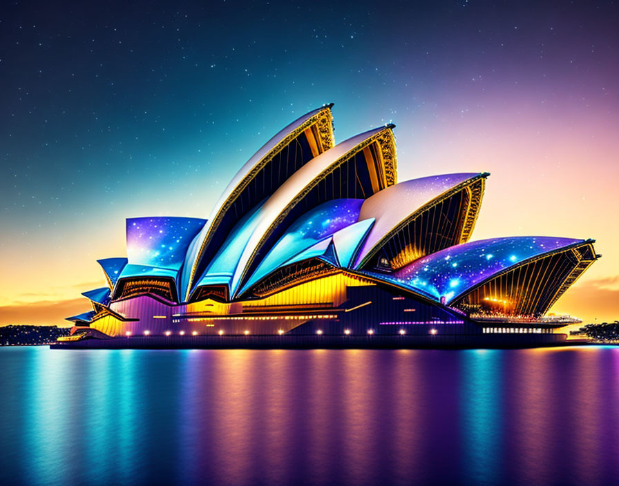 Iconic Sydney Opera House lit up at dusk with colorful lights and patterns